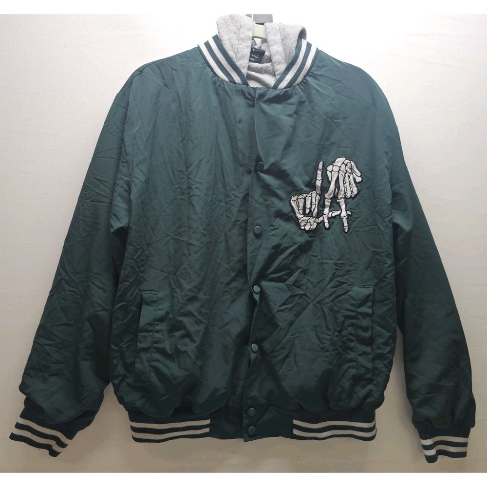Original Deluxe Men's L Green LA Skeleton Hand Patch Hooded Varsity Bomber